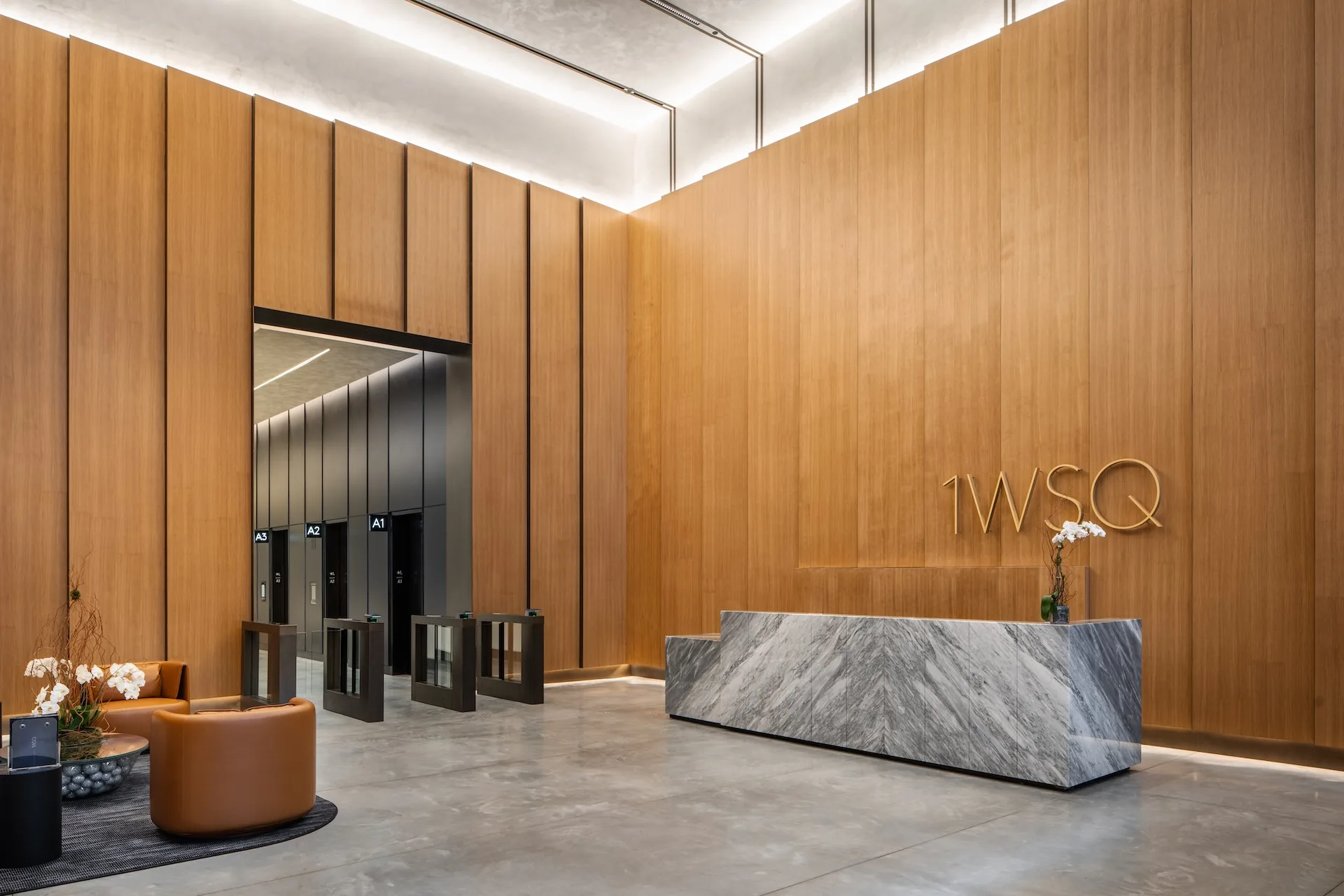 Lobby seating and finishes at 1 Willoughby Square