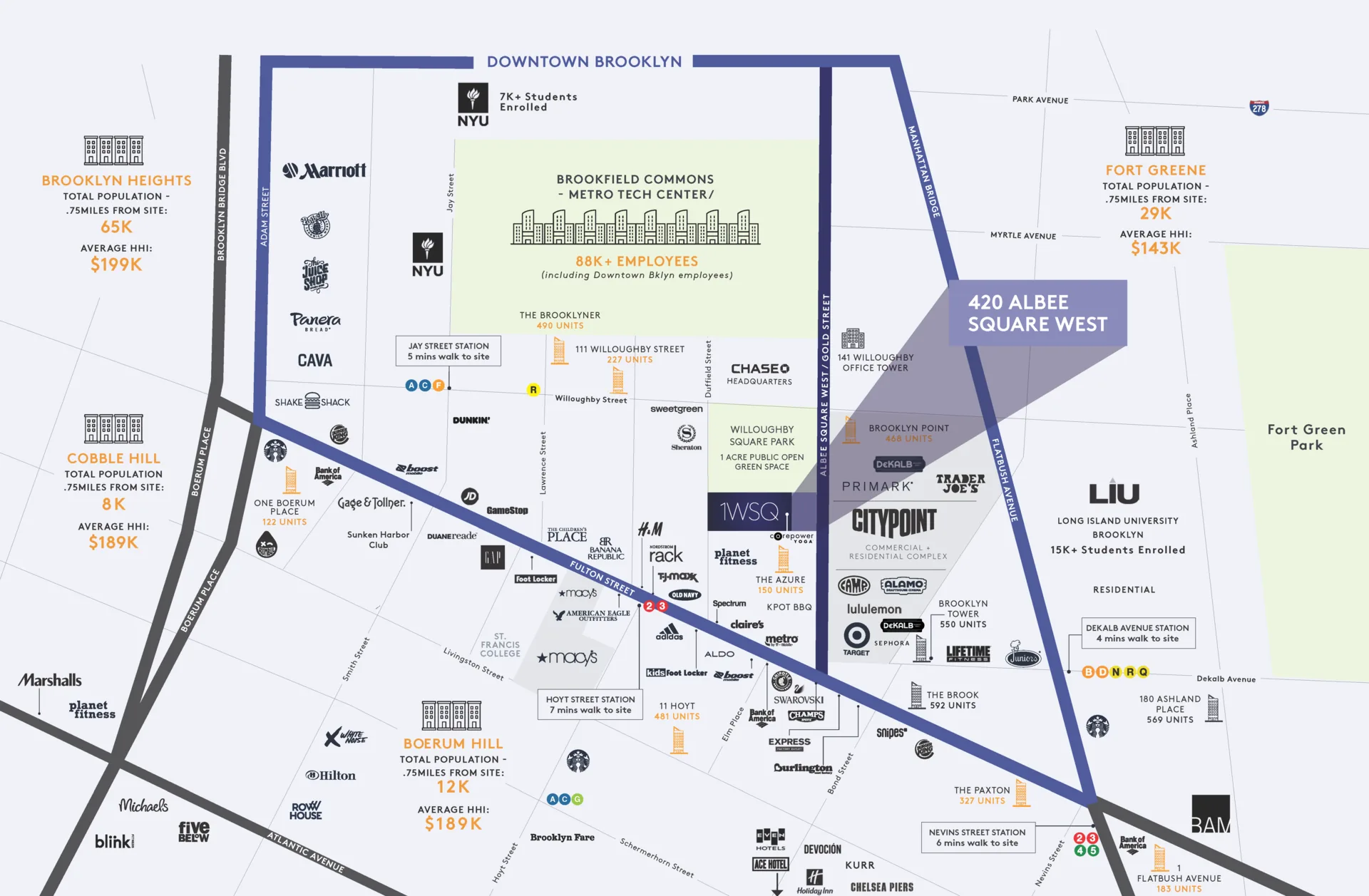 Transit and area map of Downtown Brooklyn
